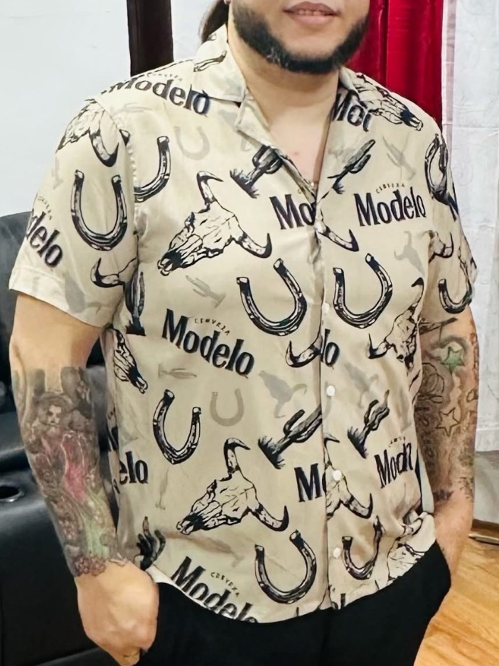 Ripple Junction Tan and Black Modelo Cerveza Beer Short Sleeve Button Down Shirt